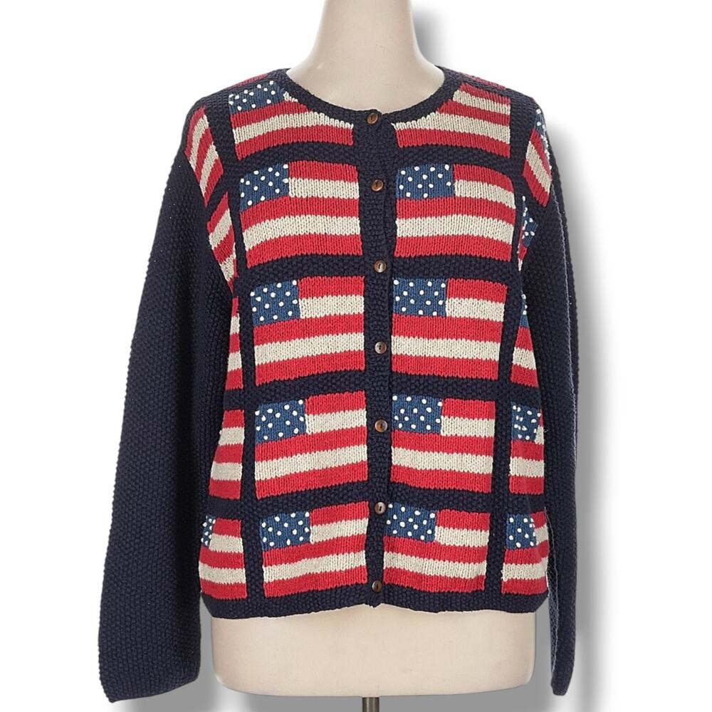 Vintage Marisa‎ Christina Flag Cardigan XL Hand Knit Americana Sweater Preppy